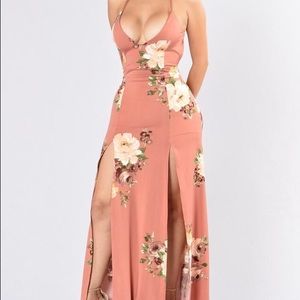 Rosebud Salmon Floral Slit Maxi Dress