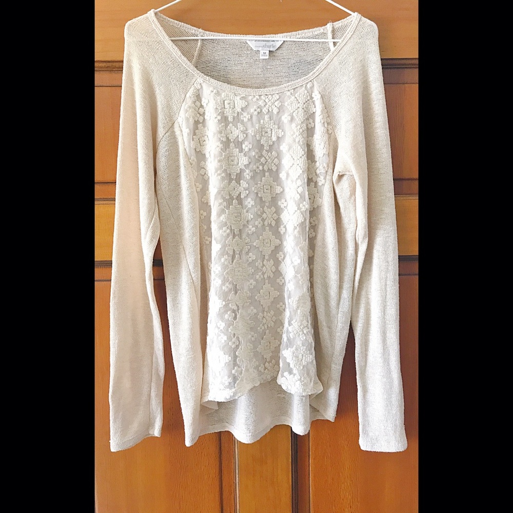 Charming Charlie Cream woven mesh overlay sweater