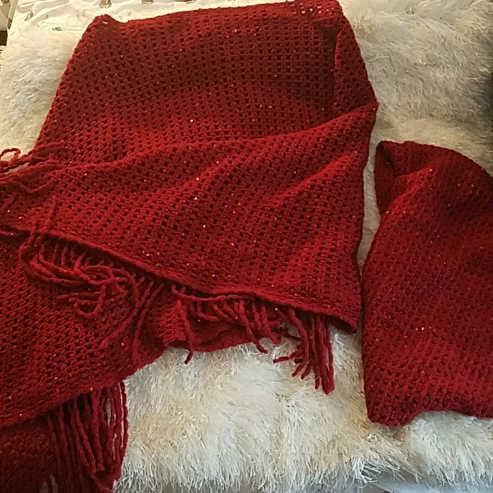 Red poncho sweater with matching scarf