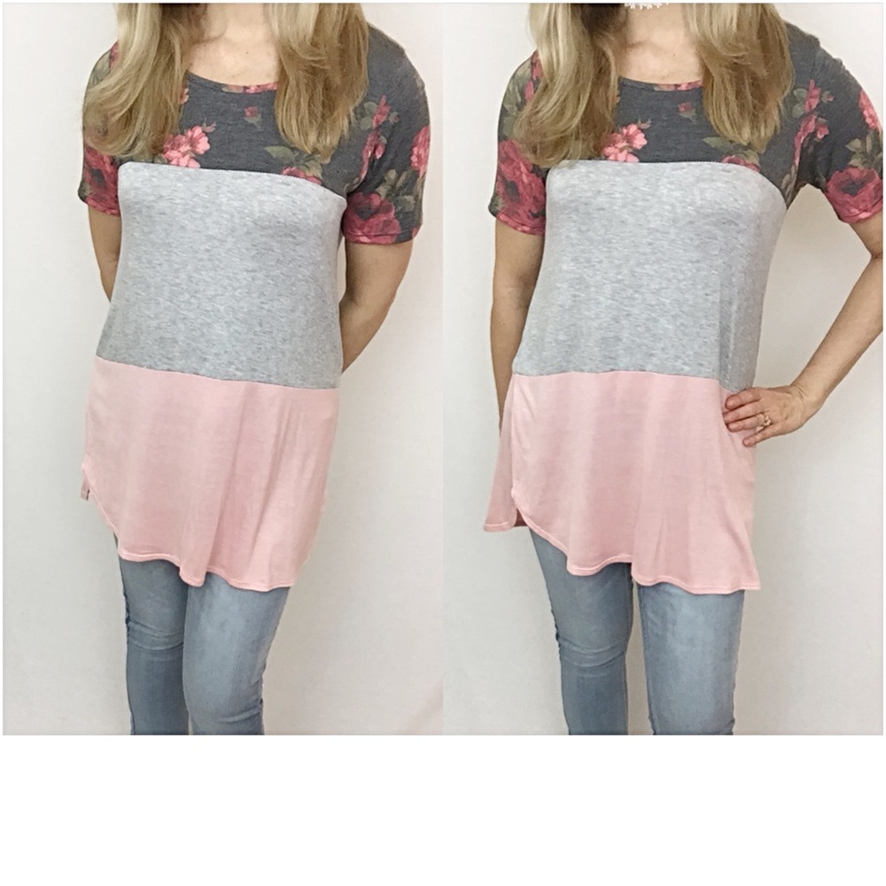 Blush Floral Colorblock Tunic Top SM - Picture 5 of 6