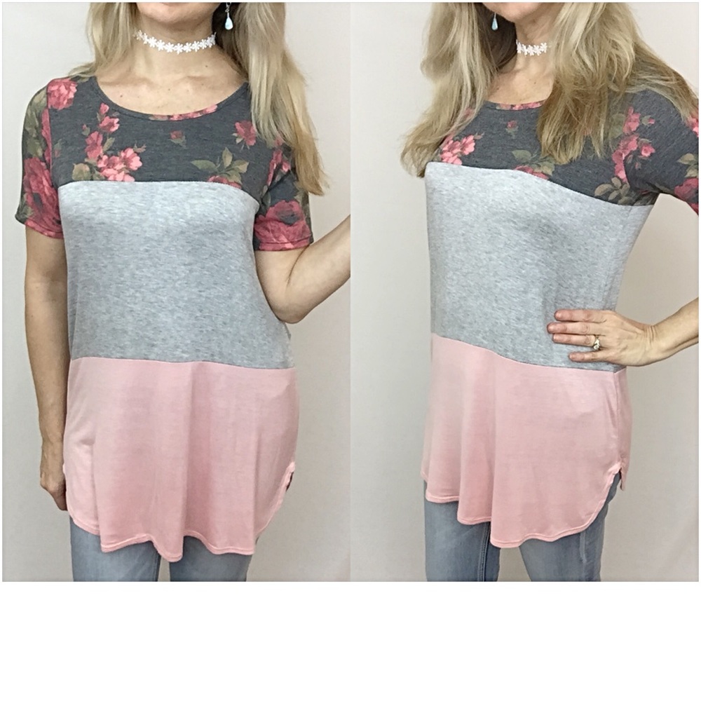 Blush Floral Colorblock Tunic Top SM - Picture 2 of 6