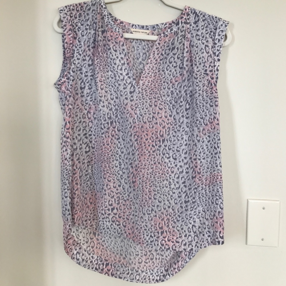 Grey and pink leopard print silk blouse.