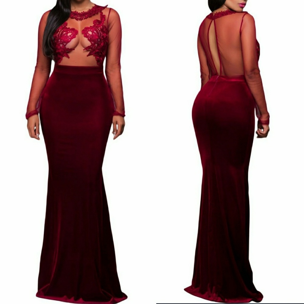 Burgundy Mesh Mermaid Evening Gown