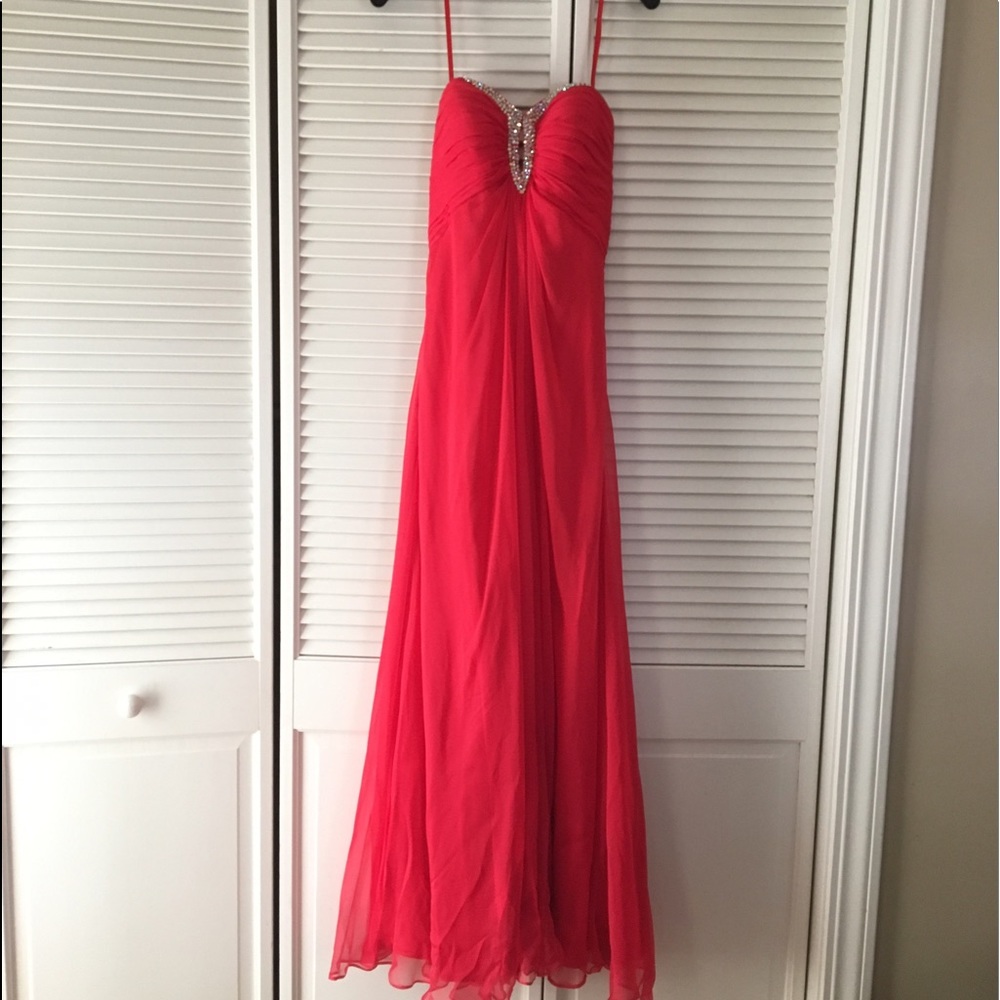 Bright pink strapless prom or formal dress