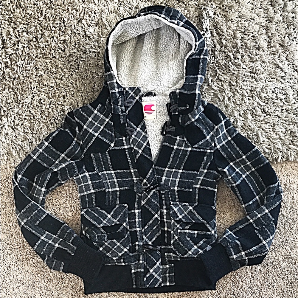 Checkered faux wool lined hooded bomber jacket