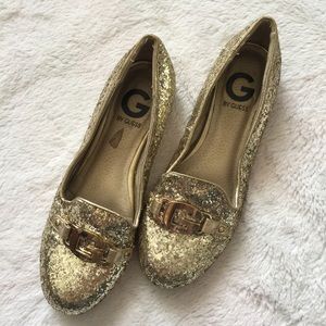 Guess Gold Glitter Loafers flats G mules size 6