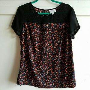 Black and Multicolored Bouse with Mesh Sleeves