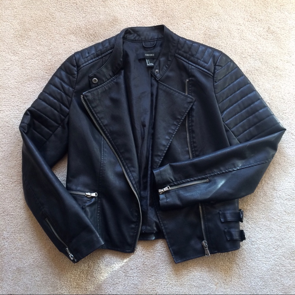 Black Leather Jacket Faux, PU Biker Jacket. Small