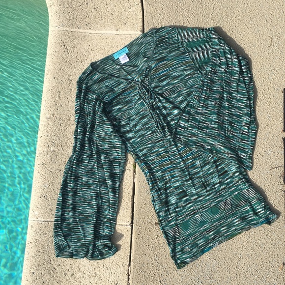 Green heathered Stacia lace-up, bell-sleeve top - Picture 1 of 3