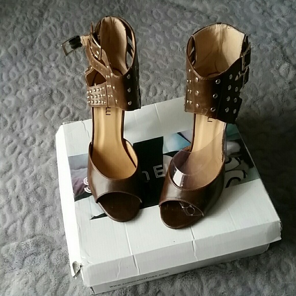 Simon Elli Gold Studded Espresso Heels sz 8 - Picture 3 of 8