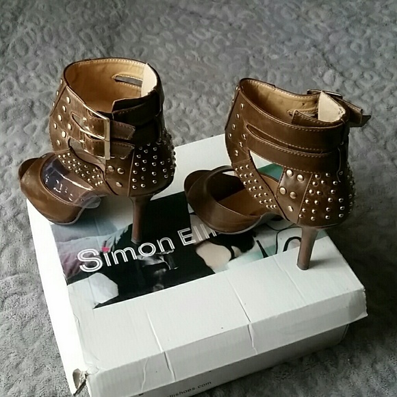 Simon Elli Gold Studded Espresso Heels sz 8 - Picture 4 of 8