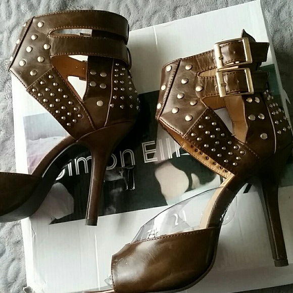 Simon Elli Gold Studded Espresso Heels sz 8 - Picture 8 of 8