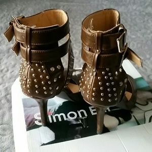 Simon Elli Gold Studded Espresso Heels sz 8