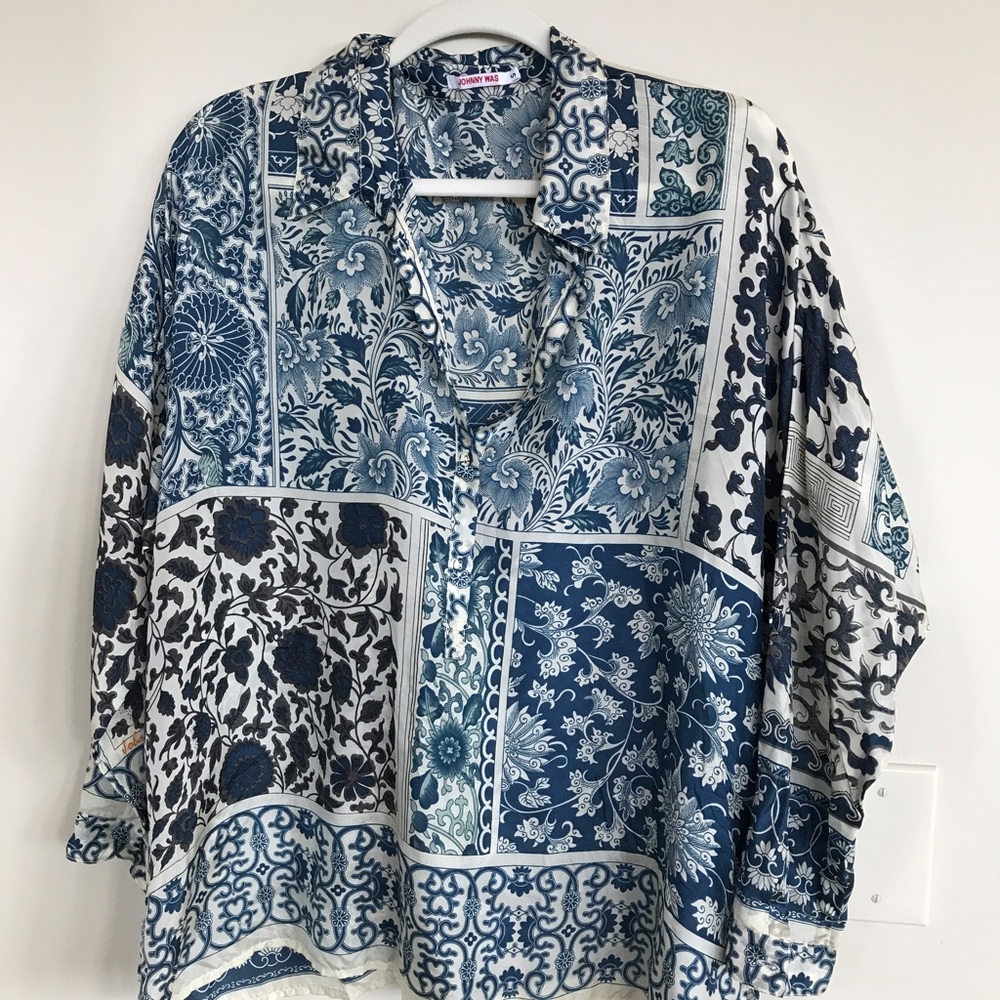 Johnny Was blue and cream blouse.  Never worn.