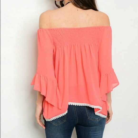 Coral Off Shoulder Sheer Top. Very comfortable! - Picture 2 of 8