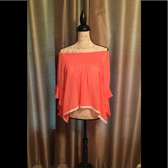Coral Off Shoulder Sheer Top. Very comfortable! - Picture 3 of 8