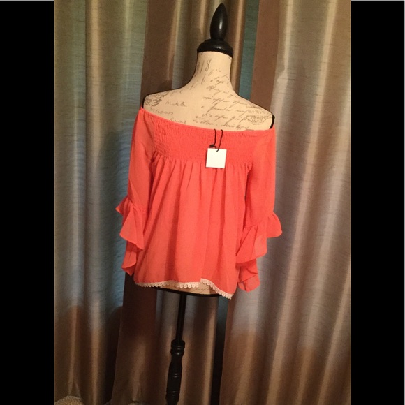 Coral Off Shoulder Sheer Top. Very comfortable! - Picture 4 of 8