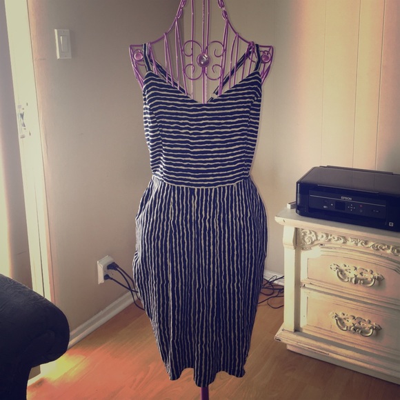 LAST CALL 9/11//22 - Cutout Open Back Navy Cream Striped Dress - Picture 5 of 6