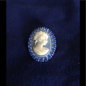 Blue Cameo with Blue Rhinestone Brooch