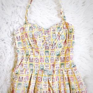 Adorable Novelty Print Postage Stamp Halter Dress