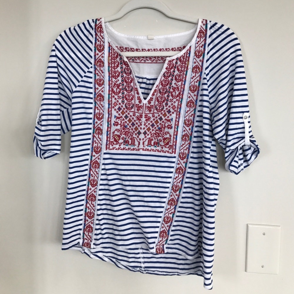Red, white and blue Anthropology shirt.