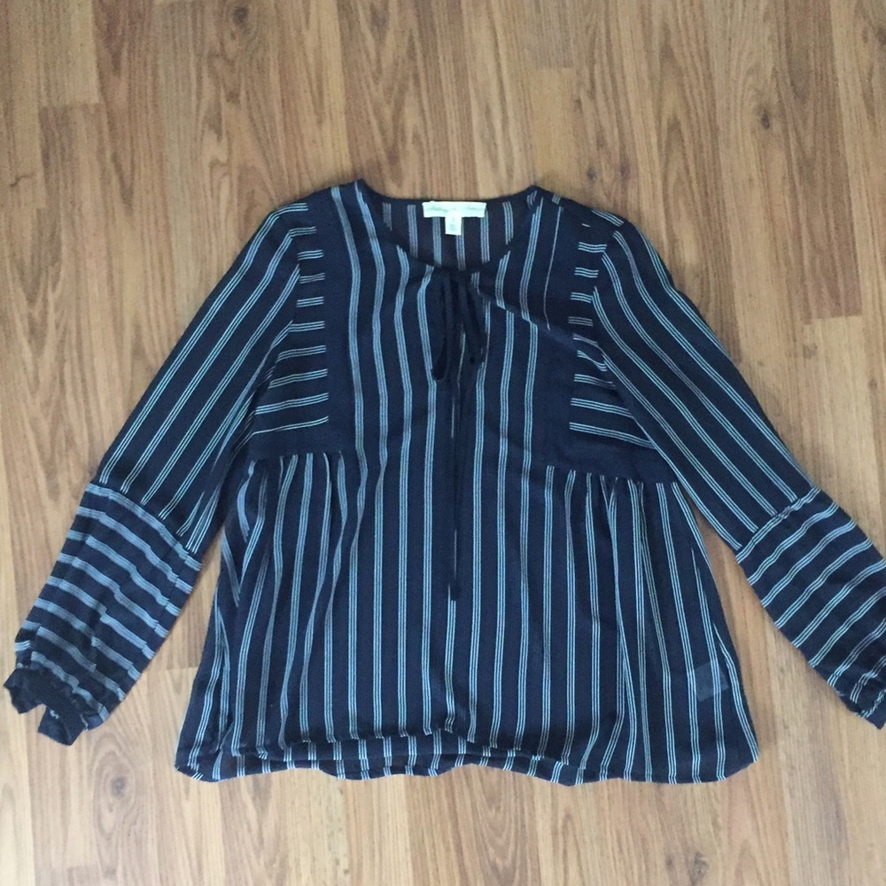 Sheer striped navy blouse with tie detail