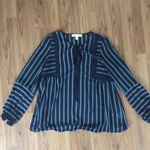 Sheer striped navy blouse with tie detail