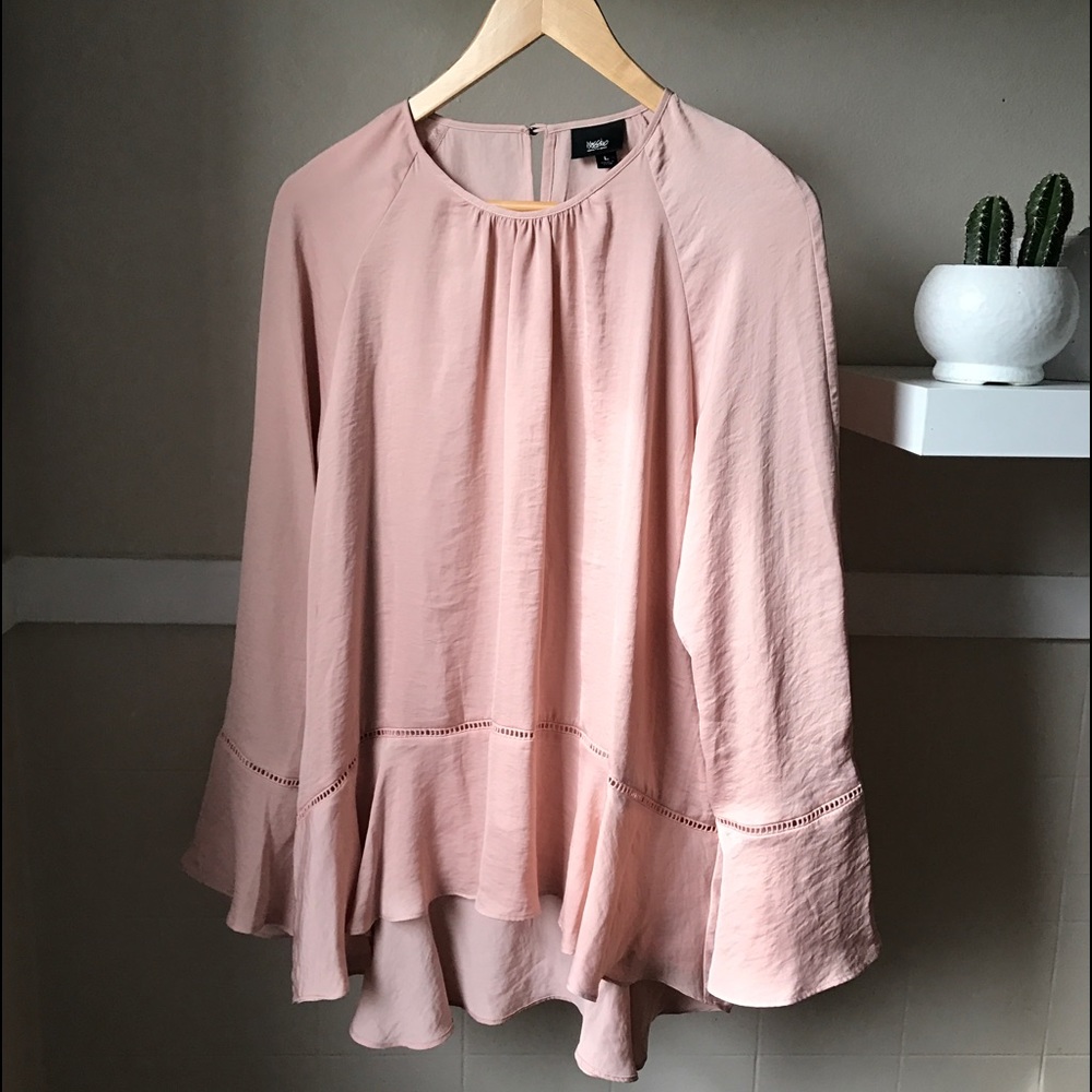 Pink Blouse with Bell Sleeves & Crochet Detailing