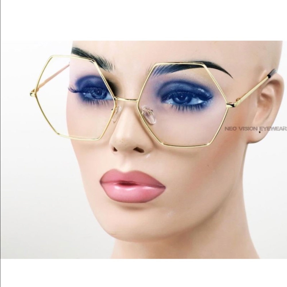 Oversized Metal Hexagon Gold Frame Clear Lens