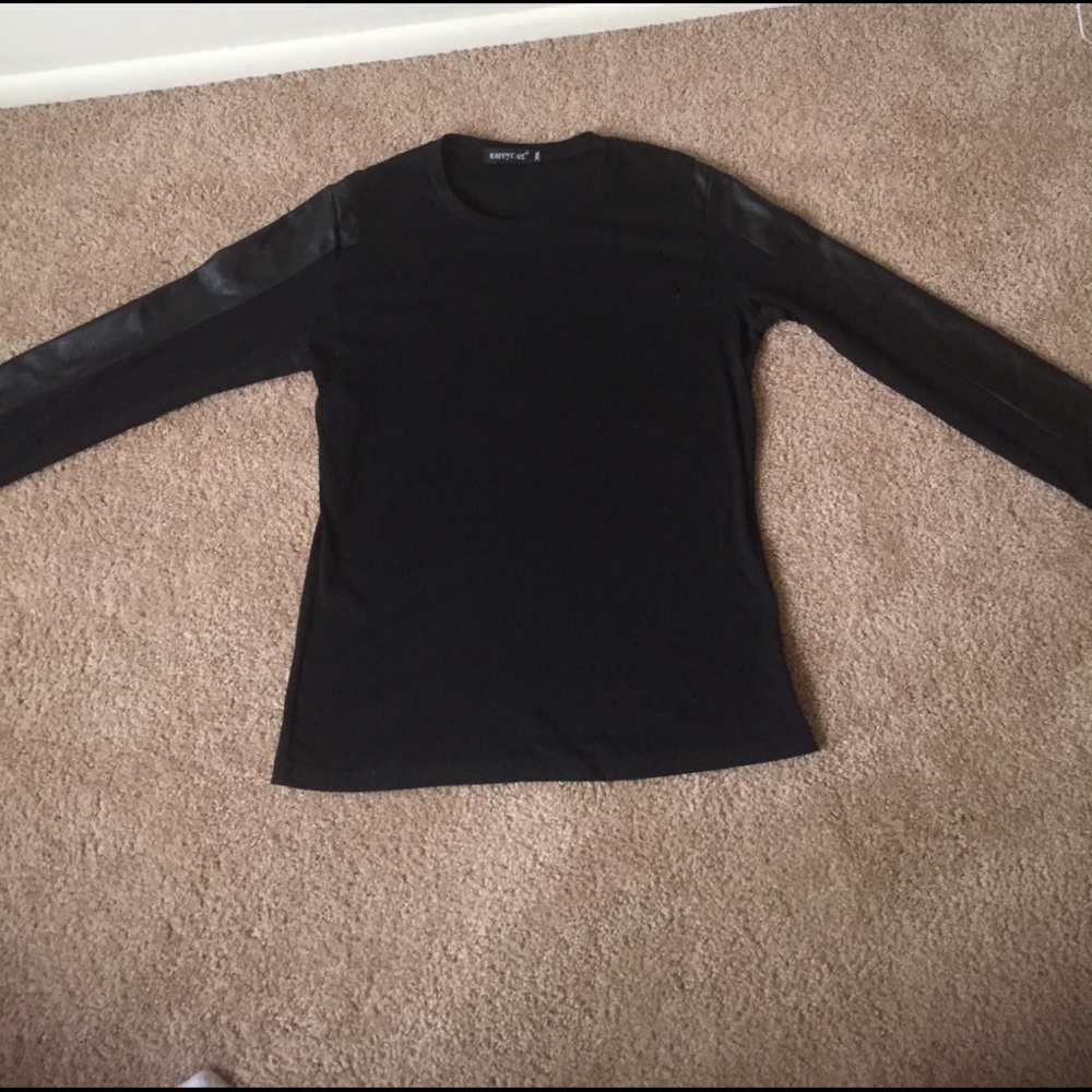 Black shirt with leather sleeves