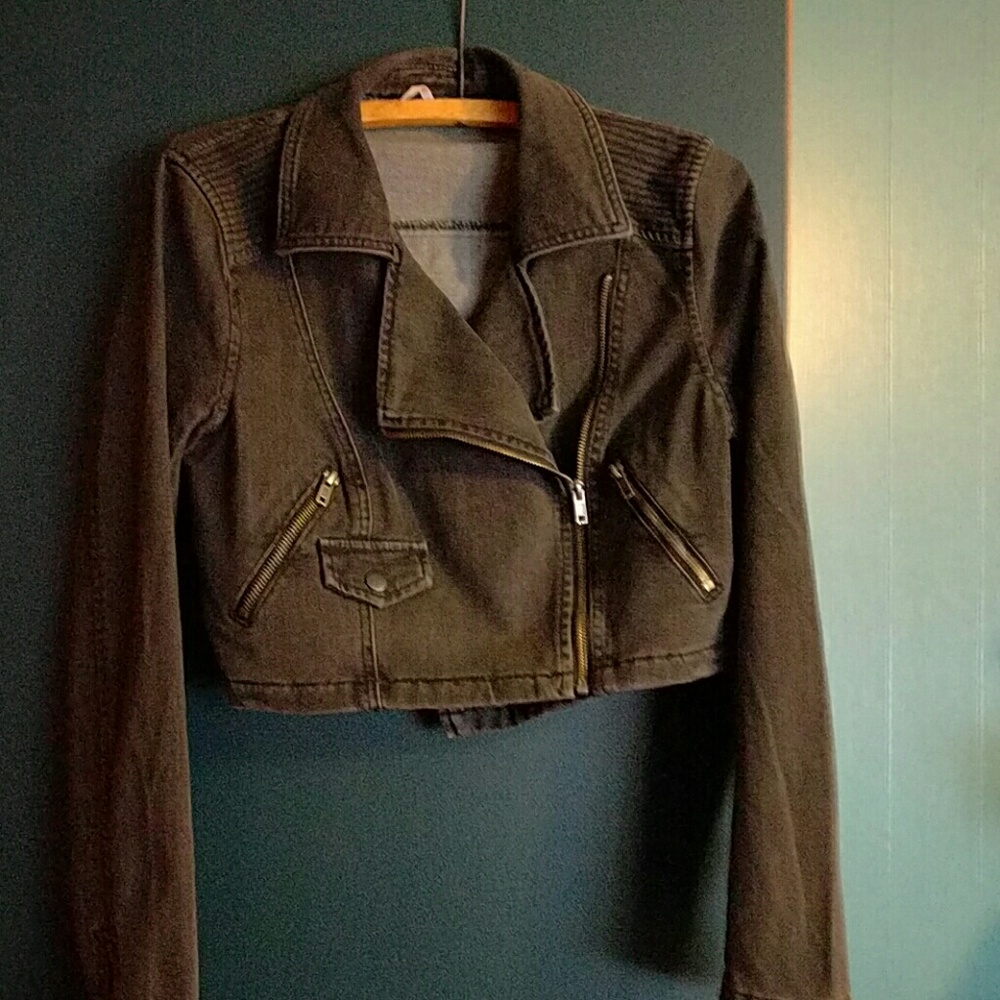 Free People Cropped Denim Moto Jacket