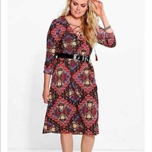 Mixed Paisley Lace Neck Midi Dress