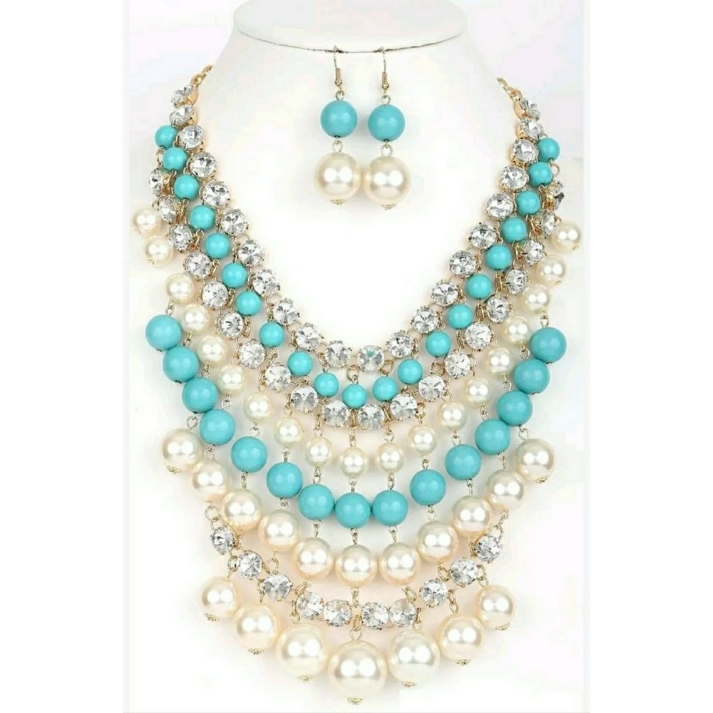 Chunky Faux Pearl Layer BIB Statement Necklace Set