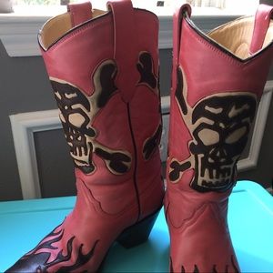 Women's leather, pink and brown, skull boots