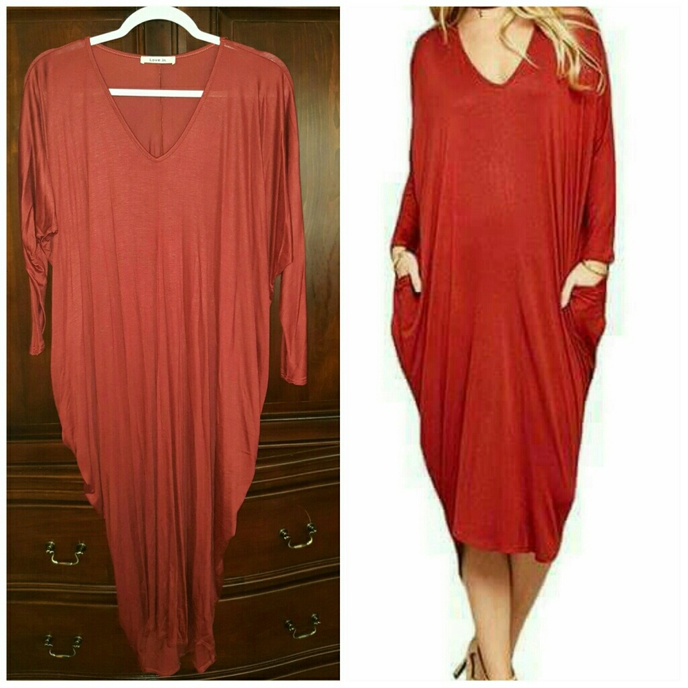 Rust colored Cocoon Shape Dress with Pockets