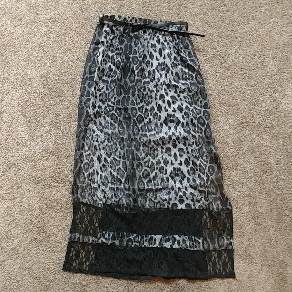 Sheer dark grey leopard print long skirt
