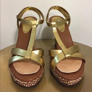 DaniBlack Gold Strap Wedge with Wicker Heels