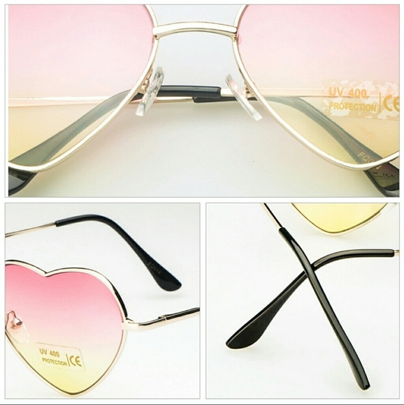 *LAST PAIR* NEW Ombre Fade Pink to Yellow Heart Festival Gold Frame Sunglasses - Picture 4 of 8