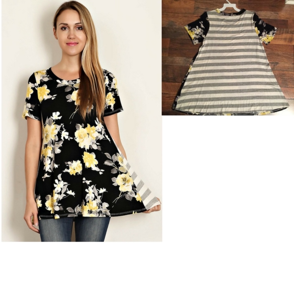 Black Floral Print & Stripe Back Top