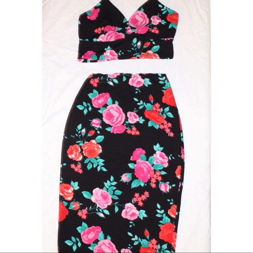 2pc Floral Print Matching Set (shirt+skirt)