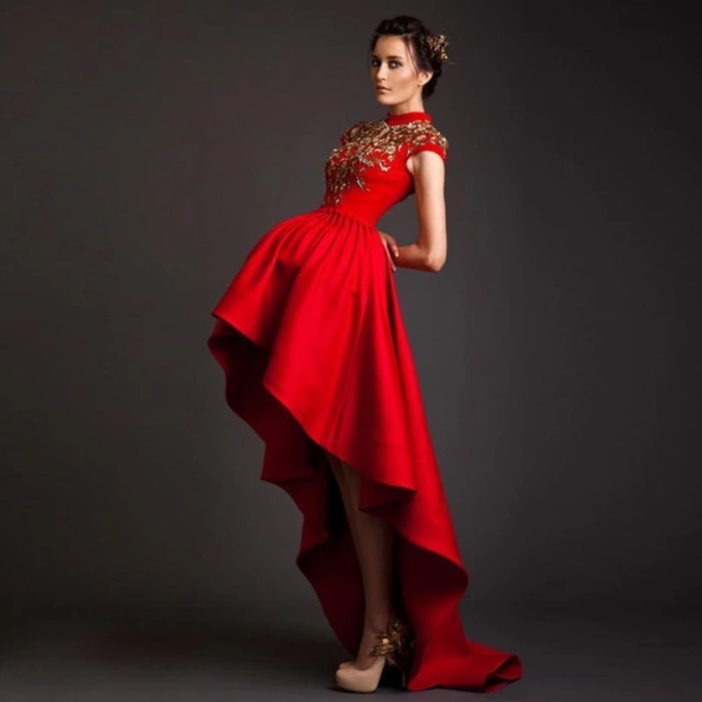Red High Neck High Low Dress