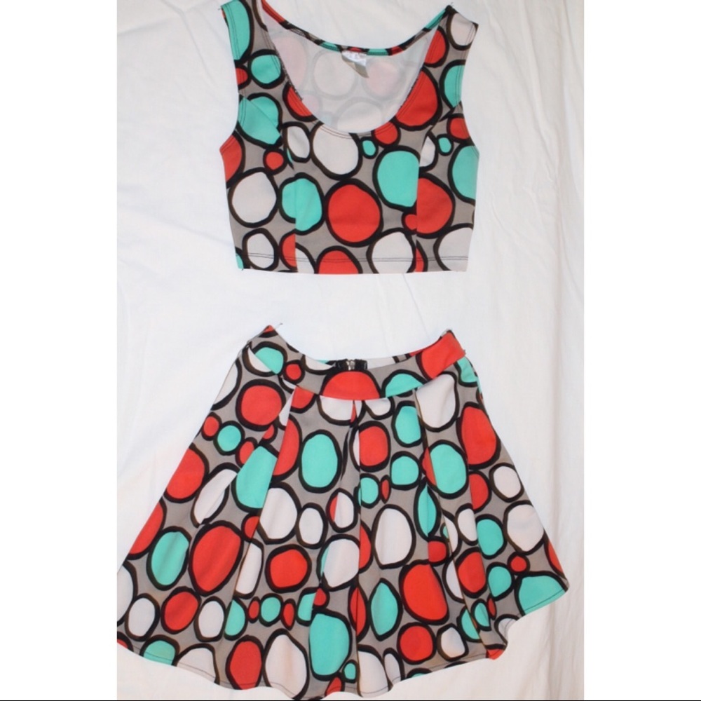 2pc Multi-colored Polka Dot print shirt+skirt set