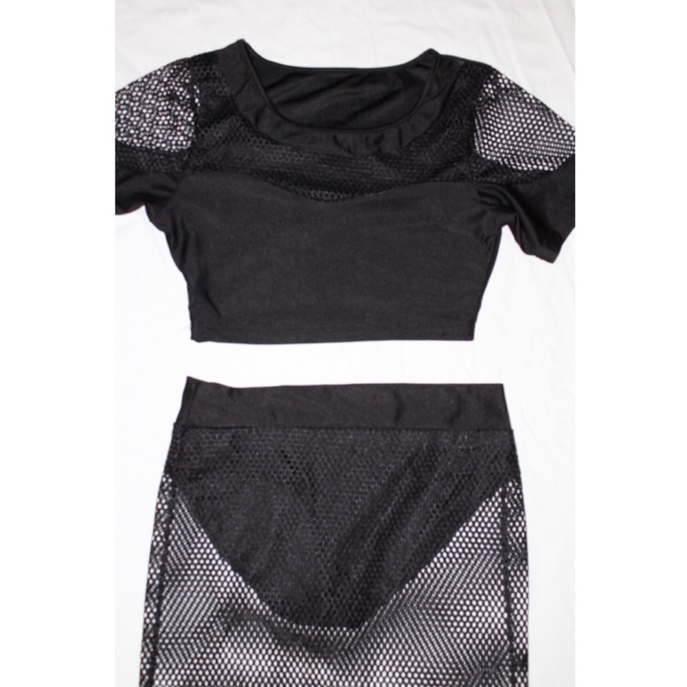 2pc All Black Fishnet Matching Set (shirt+skirt)
