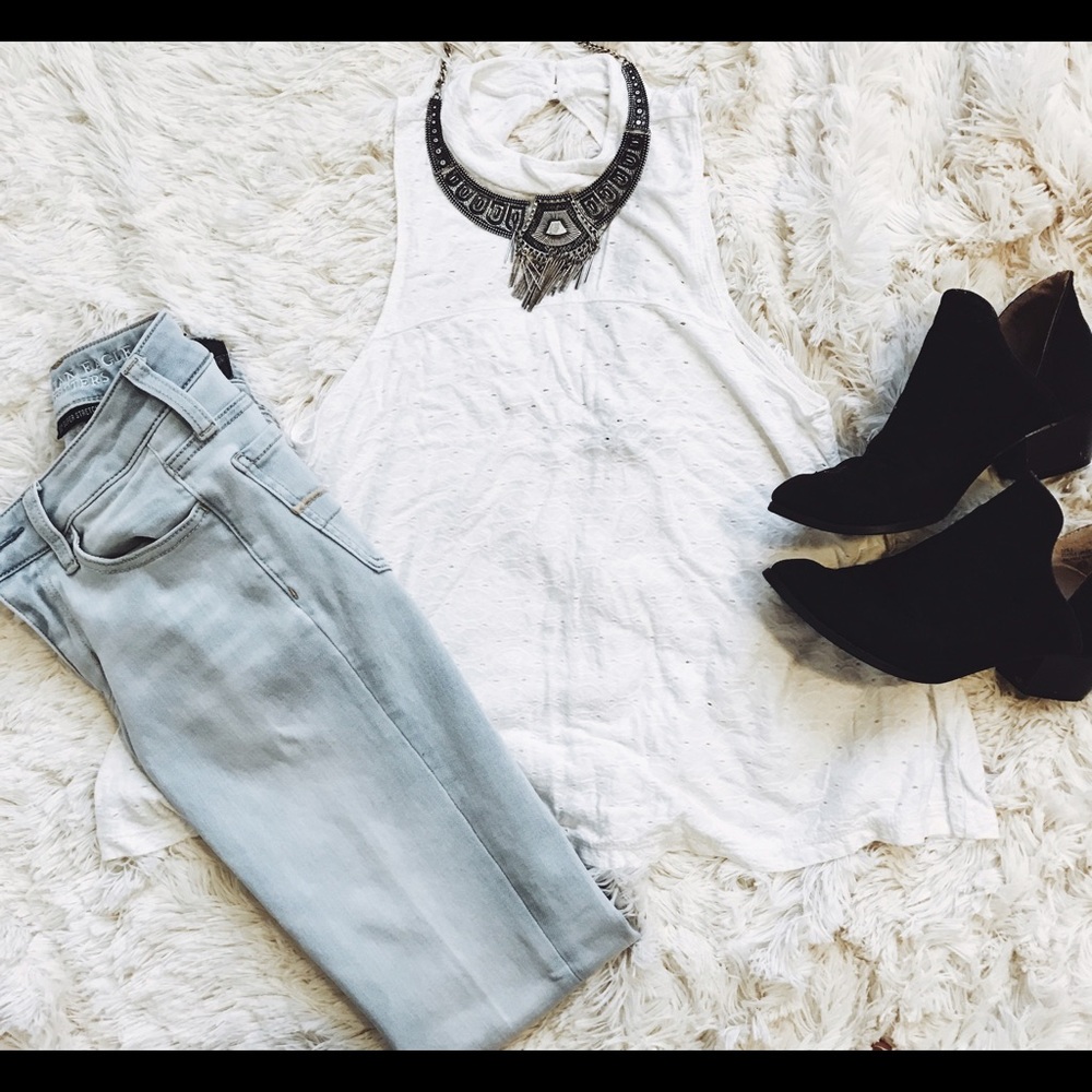White Eyelet Open Back Mockneck Top