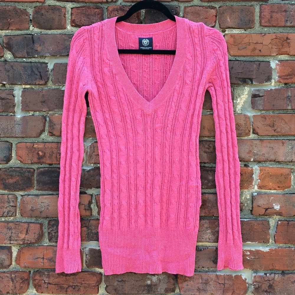 American Eagle pink cable knit v-neck sweater