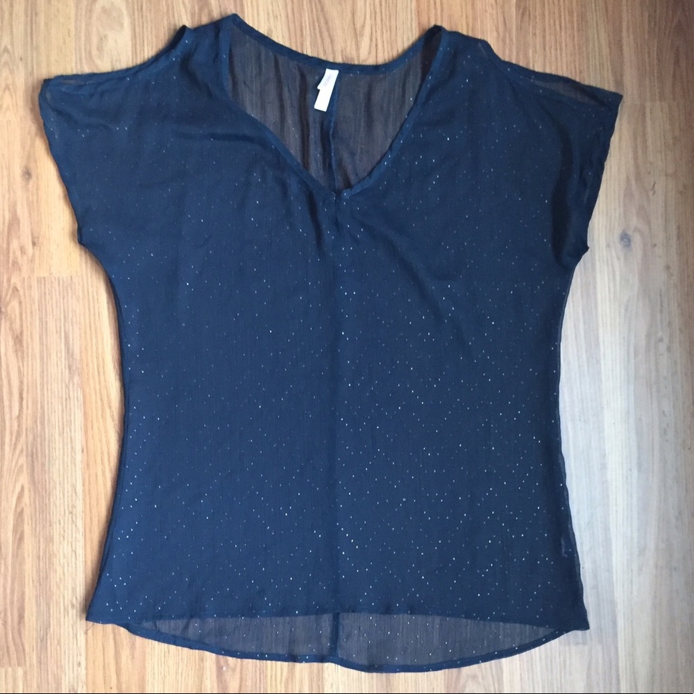 Sheer navy shirt with exposed shoulders