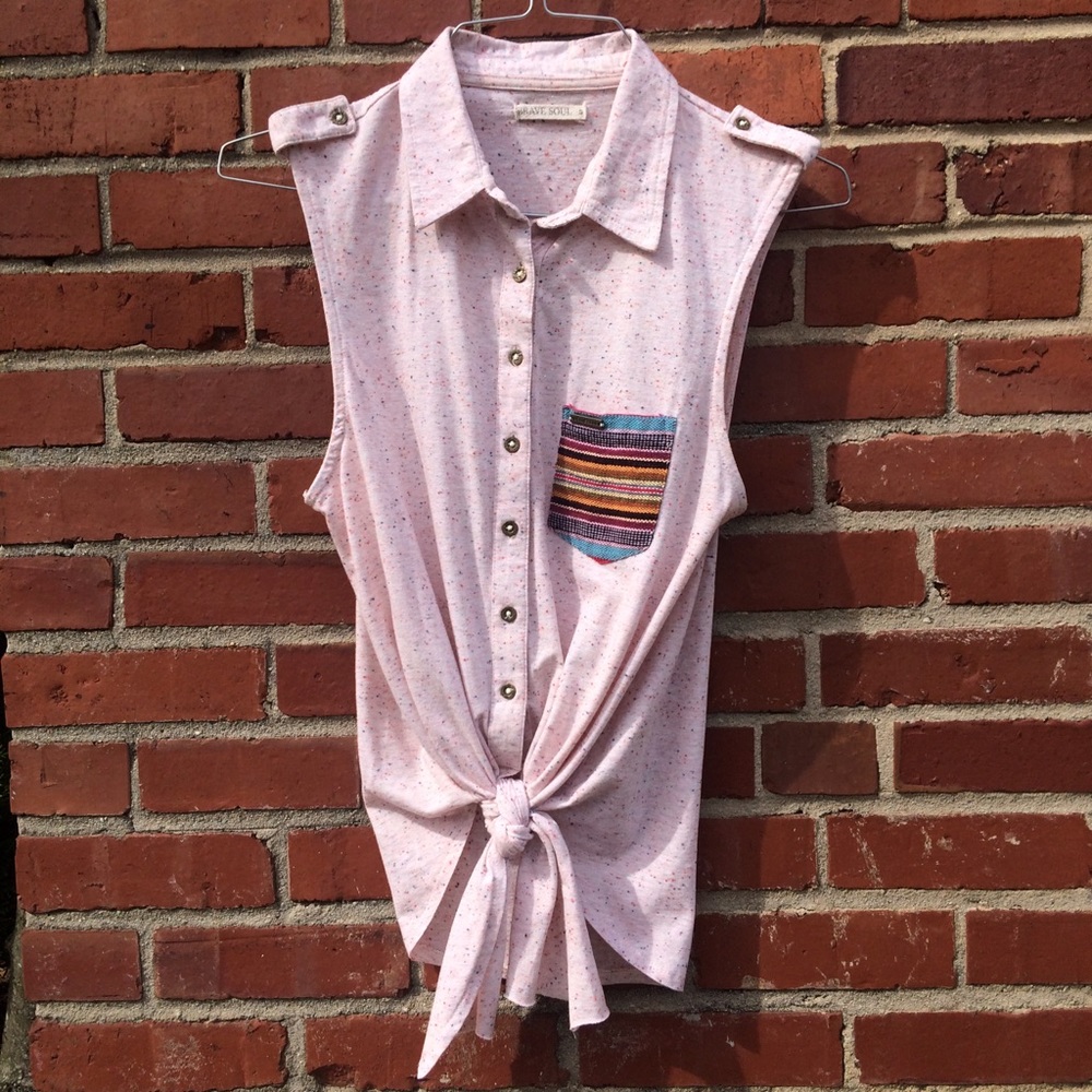 Sleeveless Button Down Pocket Front Tie Shirt