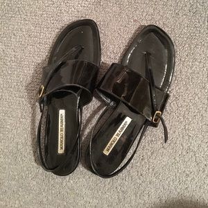 Worn, patent leather Manolo Blahnik flats, sz 38.5