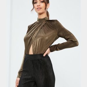 Missguided khaki satin high neck bodysuit