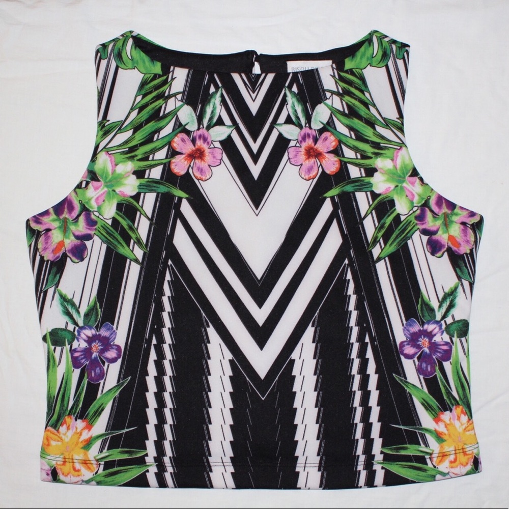 Sleeveless Floral Geometric Print Cropped Blouse